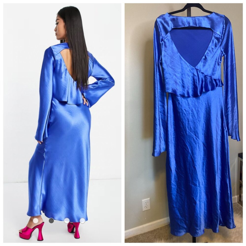 Topshop cobalt satin ruffle back party dress - Picture 2 of 10